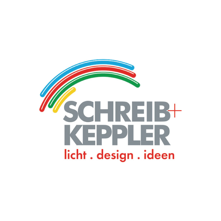Logo von Schreib+Keppler mit bunten Bögen und dem Schriftzug 'licht design ideen'.
