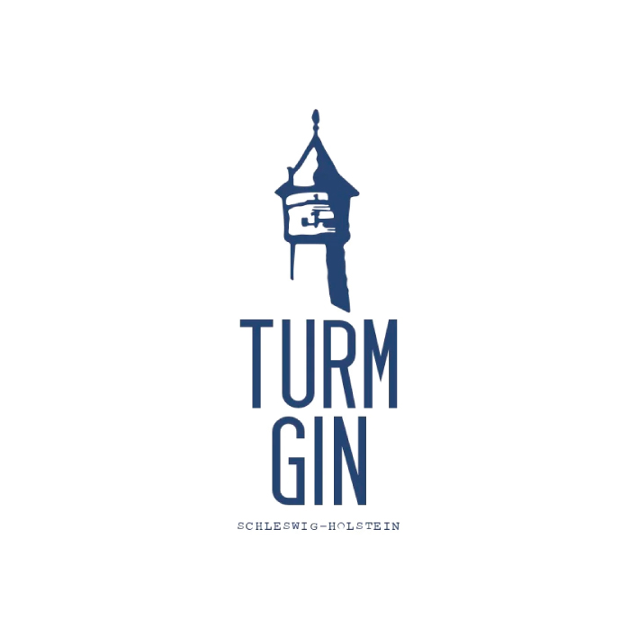 Logo von Turm Gin mit einem stilisierten Turm und dem Schriftzug in blauer Farbe.