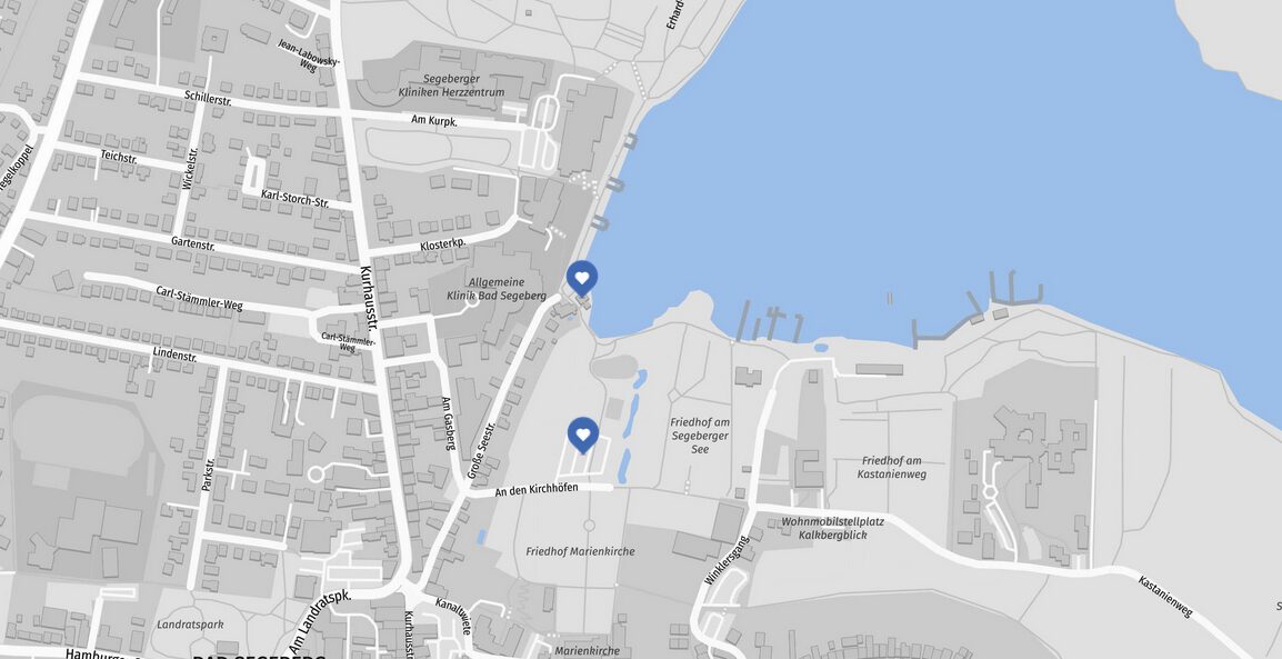 Detailkarte von Goldmarie am See mit Straßen, Gewässern und markierten Punkten.